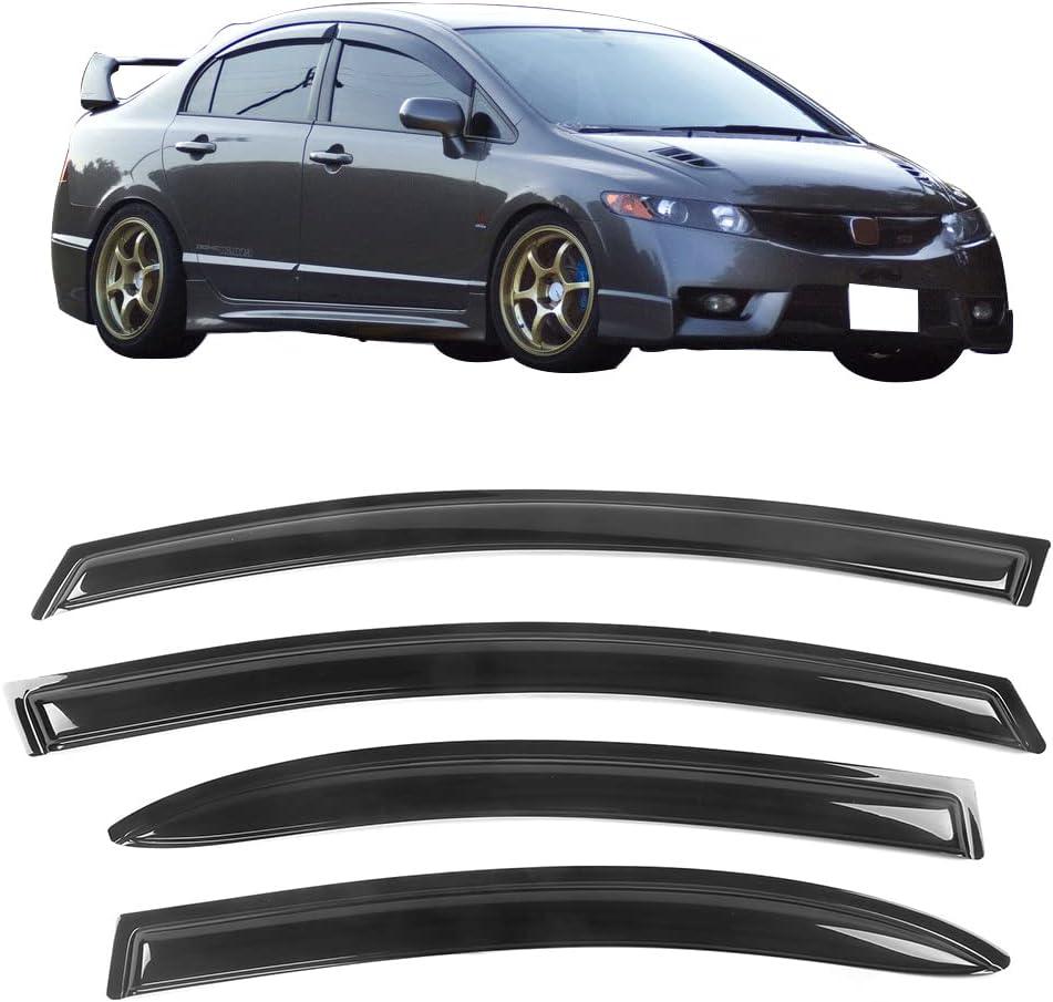Tape on Window Visor Compatible with 2006-2011 Honda Civic Sedan Only, Slim Style Acrylic Smoke Tinted Sun Rain Wind Guards Shield Vent Wind Deflector by IKON MOTORSPORTS, 2007 2008 2009 2010