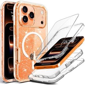 Coolwee Magnetic Bling Full Protective for iPhone 17 Pro Max Case [Non Yellowing] Heavy Duty Compatible with MagSafe Crystal Clear Glitter 3 Piece Full Body Protection Rugged Shockproof for Women Girl