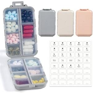 LANDNEOO 14 Grids Pill Organizer Box with Labels, Travel Medication Holder Dispenser Case Kit, Pocket Daily Pharmacy Container for Fish Oil Vitamin Supplement Storage, Khaki Pink Grey, 3 Pack