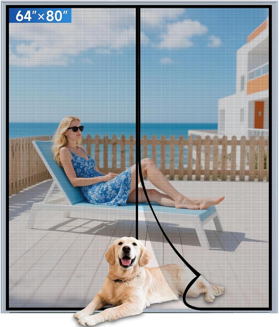 Upgraded PET Mesh Magnetic Screen Door Stronger Than Fiberglass and Polyester,Hands Free,Keep Bugs Out,Pet & Kid Friendly,Suitable for Sliding Doors,Patio and French Doors-64" X 80" (Fit Door Size 6480 Inch, Black)