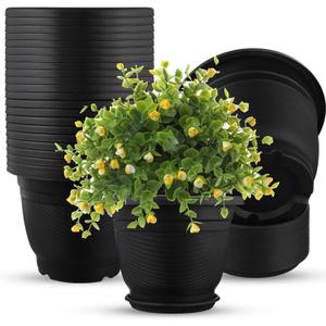 12 Pack 12' Plastic Plant Pots Round Planter Pots with Saucer Tray Seedling Pot Hole Seed Resin Plant Pot Starting Nursery Flower Container with Pallet for Garden Outdoor Indoor(Black)