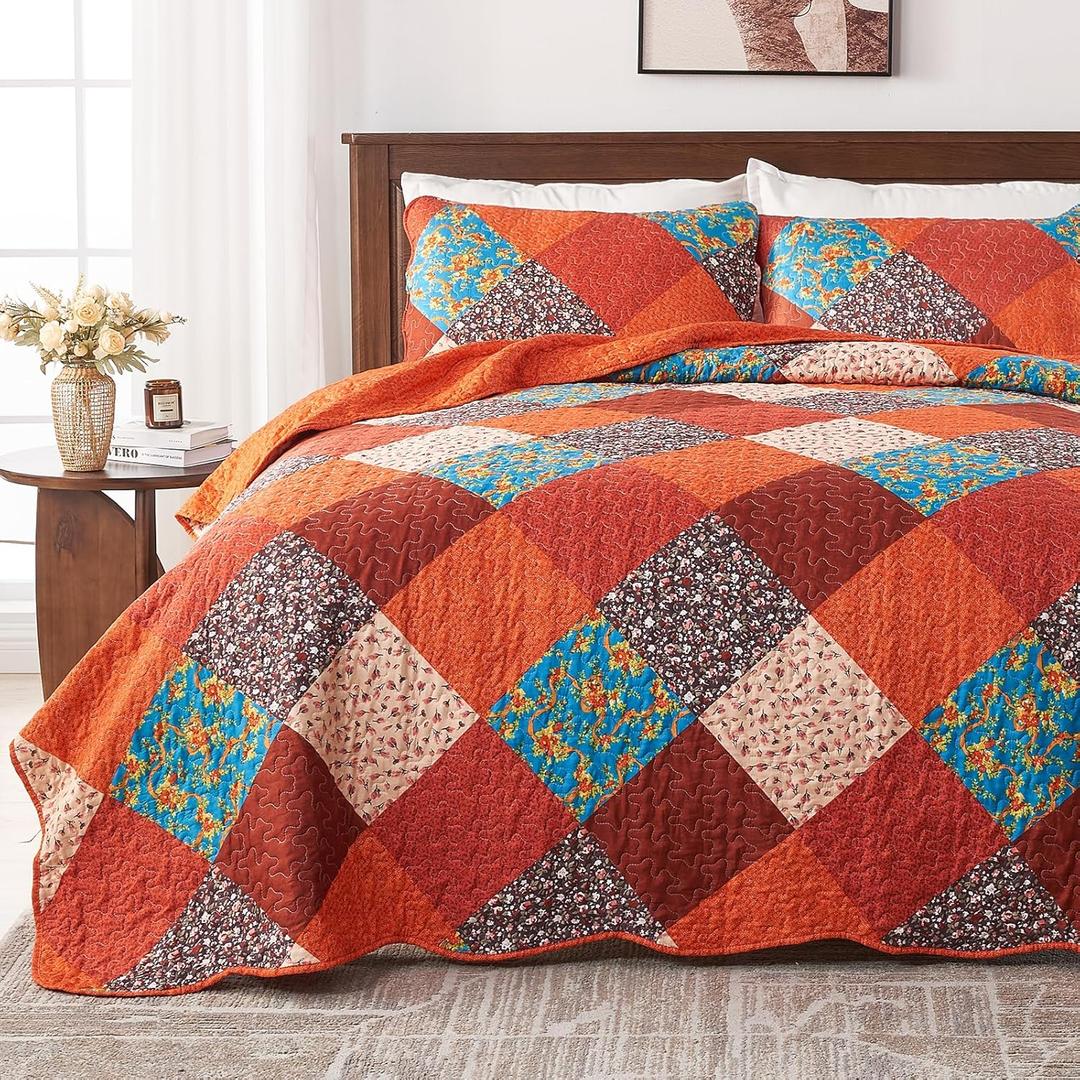 Qucover Queen Quilt Bedding Set, 3 Piece Multicolour Patchwork Print Orange Bedspreads Queen Size, Reversible Lightweight Quilts Set, Soft Microfiber Fall Quilt, Autumn Quilt, All Seasons