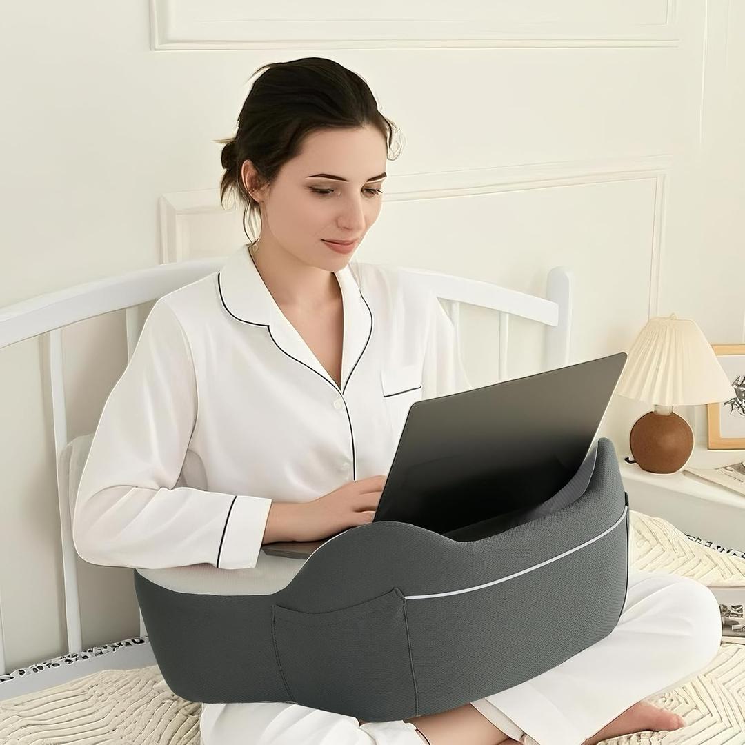 Hiasan Reading Pillow for Laptop, Soft Lap Desk Pillow for Working Reading Gaming Crocheting, Memory Foam Relaxing Pillow for Bed Couch Car, Dark Grey and Grey (24.8*17.7*8.66 inch)