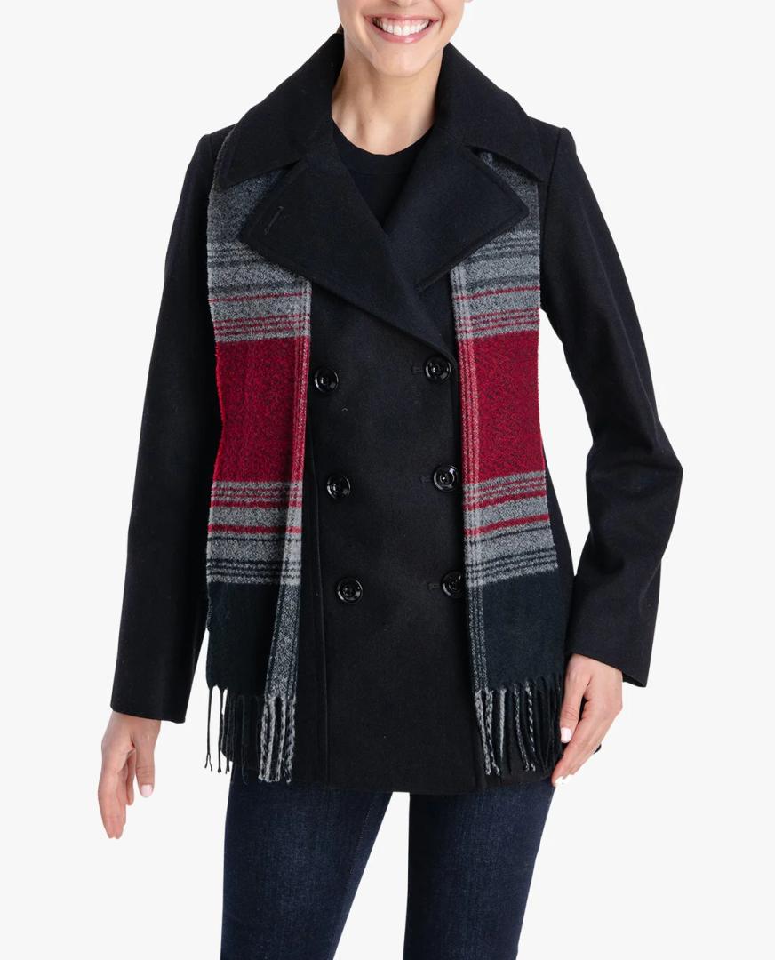 London Fog Double Breasted Peacoat With Scarf, Black, Size: S