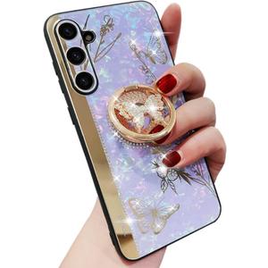 Samsung Galaxy A15 Kickstand Case, Cute Marble Glitter Bling Shiny Diamond 3D Butterfly with Ring Stand Shockproof Girly Women Phone Case
