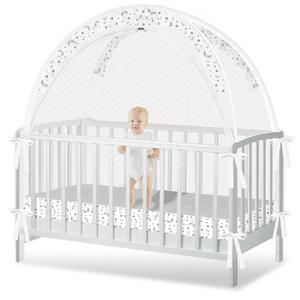 Crib Tent to Keep Baby from Climbing Out - Crib Net to Keep Baby in - Pop Up Breathable Cribs Cover - Canopy with Upgrade Strong Mesh and Durable Zipper (White-Star and Moon, Lager)