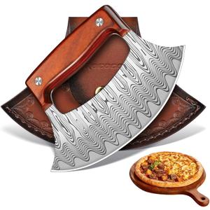 ROCOCO Pizza Cutter Ulu Knife  Full Tang Mezzaluna Rocker Chopper with Sheath for Kitchen, Camping, BBQ, Gifts for Men Women