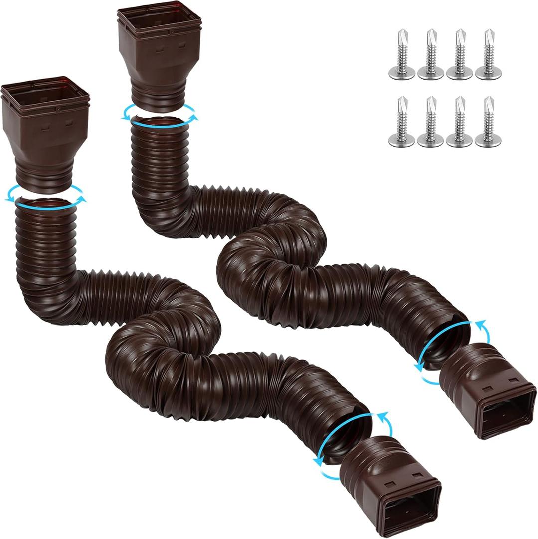 Plusgutter 11.5ft Long Gutter Downspout Extensions Flexible, 4 Diameter Drain Downspout Extender, Down Spout Drain Extender for Rainwater Drainage, Extendable from 2.6ft to 11.5ft(2Pack, Brown)