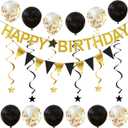 Happy Birthday Banner - Gold Birthday Banner with Garland, Balloons and Hanging Swirls for Party Decorations