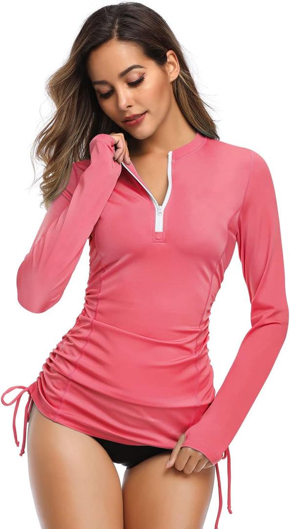 HISKYWIN Women's Long Sleeve UV Sun Protection Rash Guard Side Adjustable Wetsuit Swimsuit Top (Large, Pink)