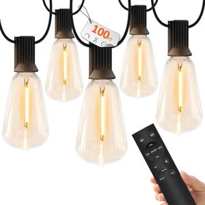 100 FT Outdoor String Lights for Outside, IP65 Waterproof ST38 LED Shatterproof Bulbs, Dimmable & Timable, 3 Light Modes, Hanging Patio Edison Lights for Porch Backyard Cafe Bistro (Black Plug in (Not Solar))