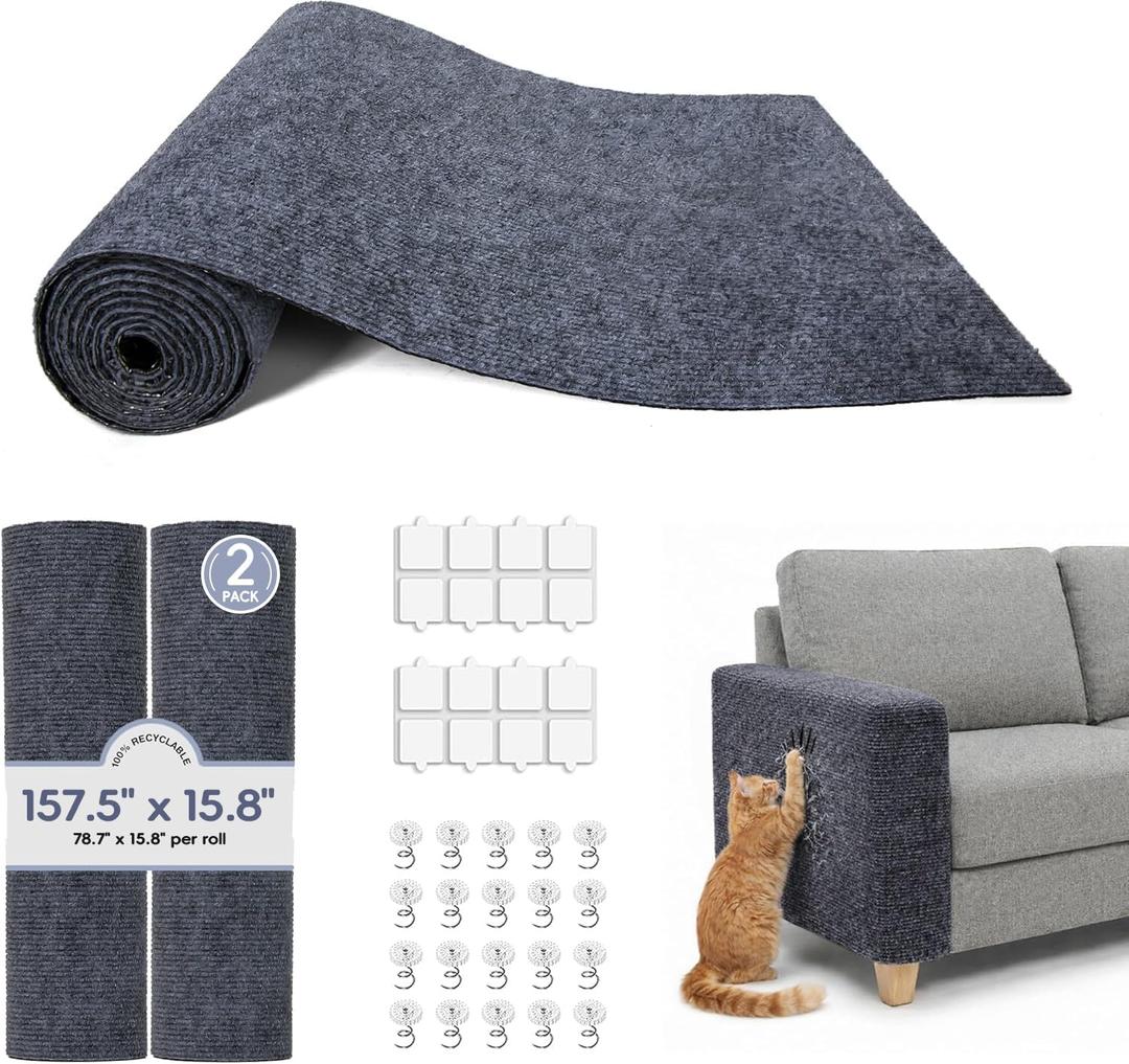 157.5" x 15.8" Cat Scratch Furniteure Protector, Trimmable Self-Adhesive Couch Protector from Cat Claws, Cat Scratching Mat Carpet, DIY Cat Scratch Pads Replacement, 2 Pack (Dark Grey)