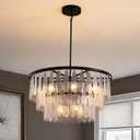 Siljoy Modern Mable Textured Glass Chandelier, 31.5" Large Black Glass Chandeliers for Dining Room, 12-Light Hanging Pendant Light Fixture, 3-Tier Round Crystal Chandelier for Bedroom Living Room, 31.4 inch