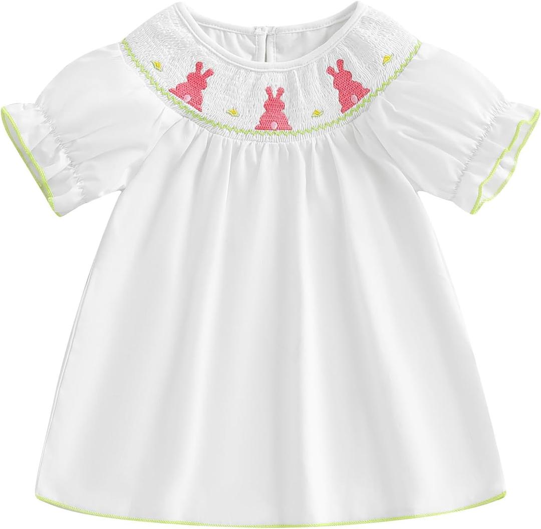 DSOKUHIB Toddler Baby Girl Easter Outfit Bunny Embroidery Smocked Dress Puff Short Sleeve Dresses Cute Infant Easter Clothes (White, 18-24 Months)
