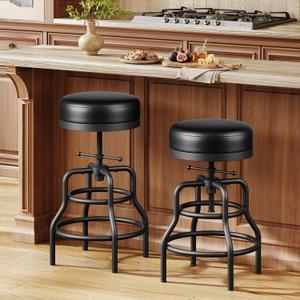 Raynesys Adjustable Height Swivel Bar Stools Set of 2, 22-29 Inch Industrial Vintage Bar Counter Height Stools with Thicken Premium Bonded Leather Seats & Updated Footrests, Easy Assembly, Black