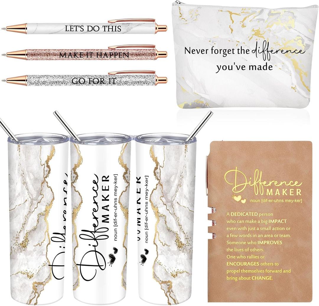 6 Pcs Valentines Day Employee Appreciation Gifts Bulk for Women Difference Maker Gift Thank You Gift Leather Journal with 3 Ballpoints Tumbler Makeup Bag for Coworker Employee Teacher Nurse(White)