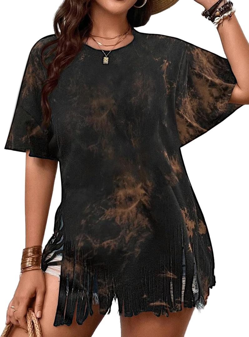 Remidoo Fringe Tops for Women Oversized T Shirt Tie Dye Shirts Crewneck Short Sleeve Tops Black, Medium