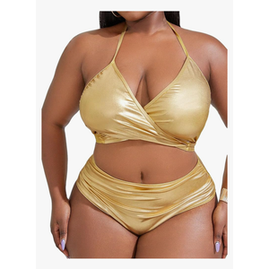 MakeMeChic Women's Plus Size 2 Piece Shiny Metallic Bikini Set Halter Triangle Swimsuit Bathing Suit, Size: XL plus