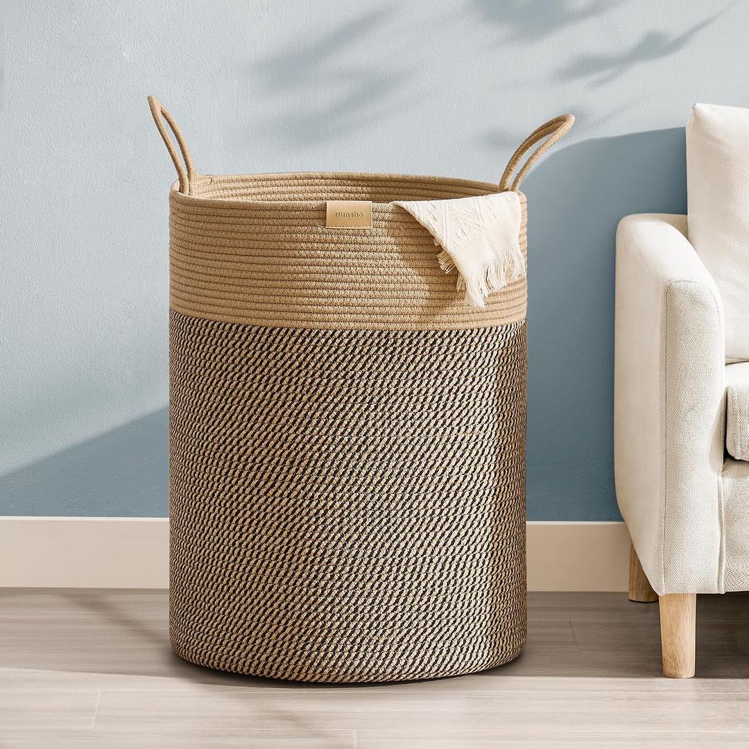 Nunsino Laundry Hamper 95L,Large Laundry Basket for Clothes,Decorative Storage Basket for Blankets,Cotton Rope Woven basket for bedroom,Dark Brown, 95l/25.1gal