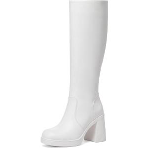 Knee High Boots Women Chunky Heeled Square Toe Boot Platform Tall Long Boots Side Zipper Gogo Boots (11, White)