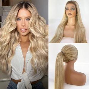 Balayage Glueless Wigs Human Hair 13x6 HD Lace Front Wig for White Women, Chocolate Brown to with Medium Blonde Highlight Remy Hair Lace Frontal Wig Pre Plucked Hairline with Baby Hair 20 Inch
