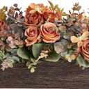Dahey Centerpiece Table Decorations for Dining Room Farmhouse Living Room Fall Table Centerpieces Decor Wood Tray with 3 Artificial Flowers and 2 Eucalyptus for Kitchen Table, Orange