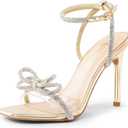 DREAM PAIRS Women's Double Bowknots Crystal Sandals Clear Slingback Heels Square Toe Shoes for Party Wedding (Gold, US 10)