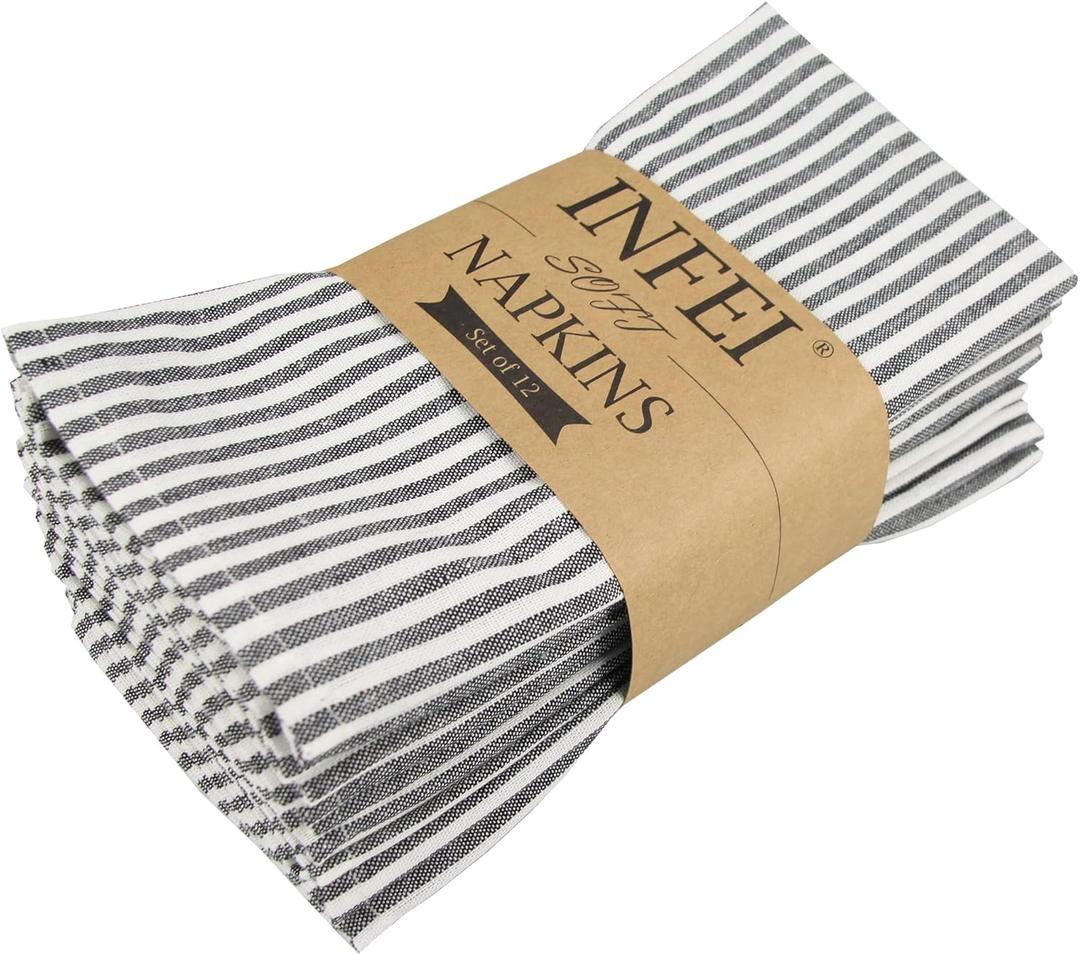 INFEI Plain Striped Cotton Linen Blended Dinner Cloth Napkins - Set of 12 (40 x 30 cm) - for Events & Home Use (Black)