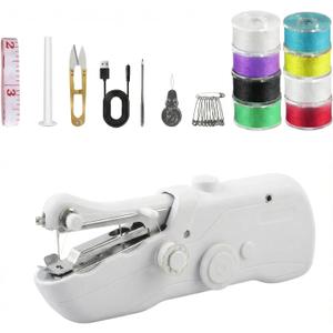 Portable Handheld Sewing Machine for Adults - Mini Hand Held Sewing Stitching Machine for Beginners - Small Electric Cordless for Quick Fabric Home Travel Clothes Pants DIY Fabric Denim (White)