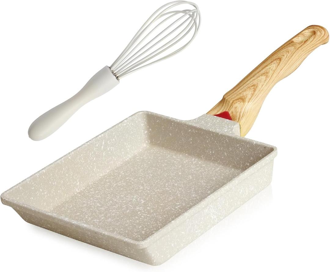 Tamagoyaki Japanese Omelette Pan - Nonstick Tamago Pan, Rectangle Egg Frying Pot, Wooden Handle, PFOS & PFOA Free, Oven & Dishwasher Safe (7*6 inch, White)