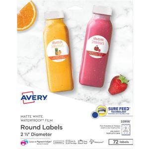 Avery Durable Waterproof Round Labels with Sure Feed Technology, 2.5" Diameter, White, Laser & Pigment-Inkjet Compatible, 72 Blank Labels Total, Great for Branding, Packaging, and More (22856)