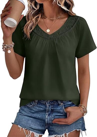 Falechay Women's Shirts Loose Fit Pleated Babydoll Blouses V Neck Pintuck Sleeve Shirt Elegant Comfort Fit Summer Fashion Clothes Peasant Tunic Top Army Green L