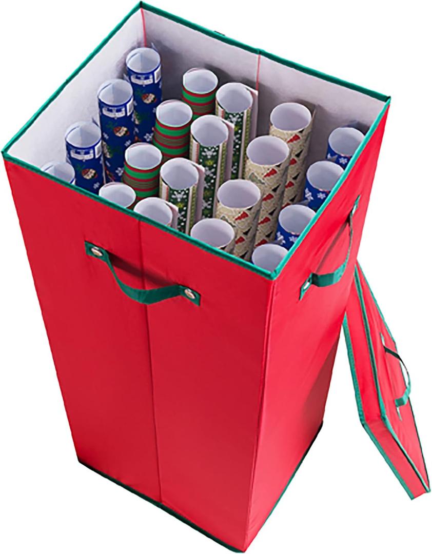 Wrapping Paper Storage Box- Holds 20 Rolls of 30 Gift Wrap-Upright Container with Lid, Dividers & Handles-Christmas & Birthday Wrap by Elf Stor (Red)