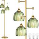 Gold Floor Lamp for Living Room,Bedroom,Mid Century Modern Standing Lamp Brass Tree 3 Light Tall Floor Lamps Vintage Retro Floor Lights Glass Green Flower Lamp Shade Farmhouse Boho Bohemian