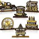 6 Pcs Happy New Year Table Decorations Wooden Table Centerpieces Rustic Wood Tabletop Sign Decorations for Home Kitchen Office Farmhouse Desk Shelves Party Tiered Tray Decor