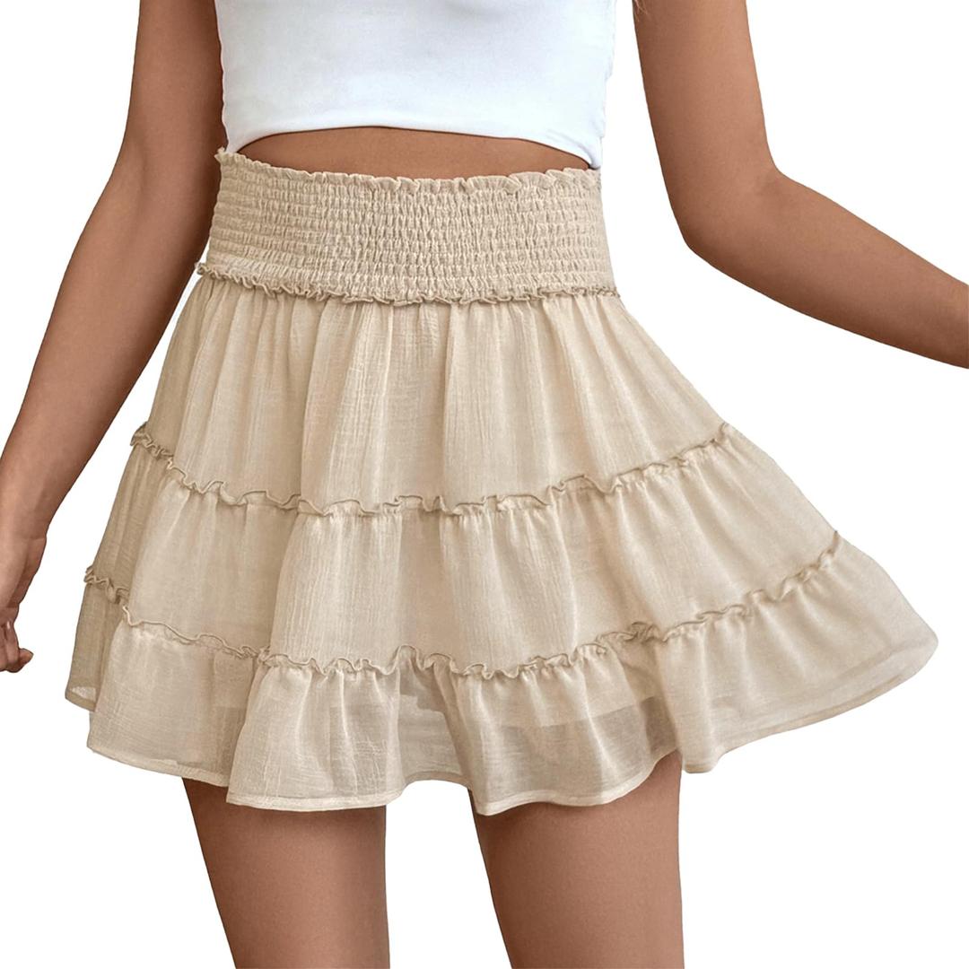 FEOYA Womens Ruffle Skirts High Waisted Flowy Elastic Boho Mini Skirts A Line Summer Chiffon Sports Skorts Built-in Shorts Beige (M)