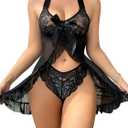Foxiny Sexy Halter Open Front Ruffle Sheer Mesh Lace Babydoll Lingerie Dress with Thong 2 Piece S
