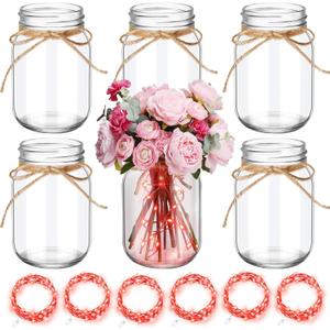 Chunful 6 Pcs Glass Mason Jar with LED Lights for Table Centerpiece Decorations Set Clear Rustic Farmhouse Coffee Table Decor with LED Lights for Wedding Dining Room Kitchen Decor (Red Light)
