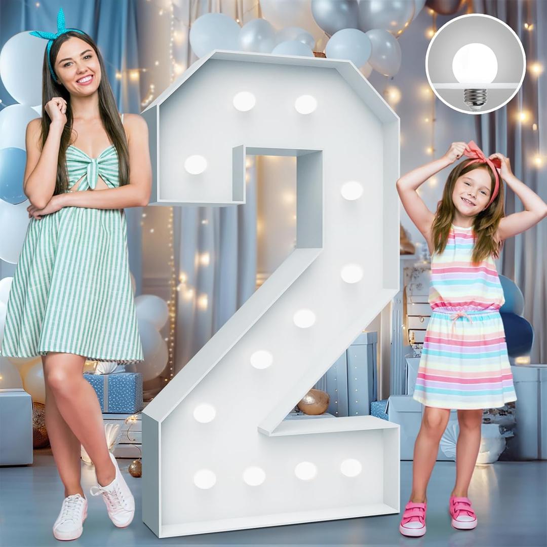 4FT Marquee Light Up Numbers  Cool White Lights Up Number 2 with Fixed Water Bag, Party Decoration Large Marquee Light Up Numbers can Be Used for Wedding Decoration, Birthday Party Deco