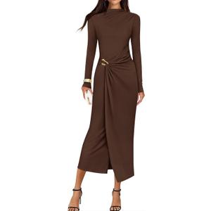 ZESICA Women's 2026 Fall Long Sleeve Bodycon Dress Mock Neck Wedding Guest Cocktail Party Long Midi Dresses (X-Large, Brown)