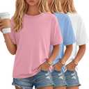 3 Pack Girls' Shirts Short Sleeve Oversized Tops  Crew Neck Loose T Shirts Teen Soft Basic Tee Kids Clothes  13-14Y