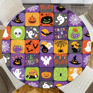 Halloween Round Fitted Tablecloth with Elastic Pumpkin Ghost Bat Spider Web Round Table Cover Waterproof Kitchen Decor Cover for Patio Holiday Party Fits to 44"-48" Round Table (Purple, 48" (Round))