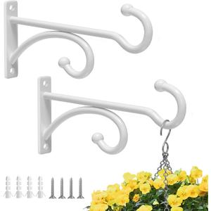 2 Pcs Planter Hooks for Hanging Plants - Plant Hanger Hook Indoor Outdoor, Plant Wall Hooks, Brackets for Hanging Plants, Baskets, Wind Chime, Bird Feeder, Bird House (White, Metal)