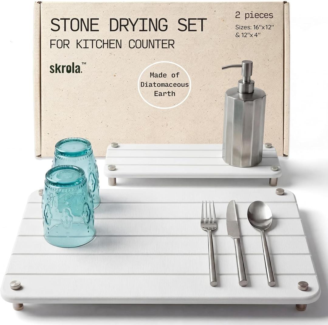 2 Piece Stone Drying Mat Set 16x12 Inch Diatomite Dish Drying Mat for Kitchen Counter Fast Drying Eco Friendly Includes 8 Non Slip Legs (Lumina, 16"x12")
