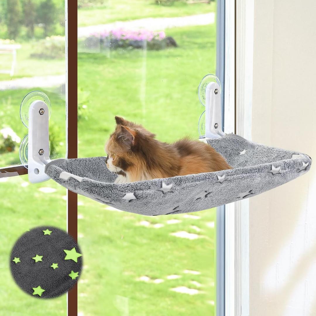 Cat Window Perch, Glow in The Dark Cordless Foldable Pet Hammock Bed for Window with Sturdy Metal Frame, Glowing Stars Pattern Resting Seat for Indoor Cats (Stars - Medium)