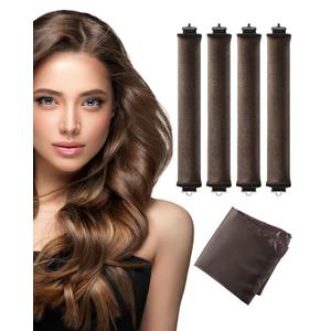 Heatless Curls Overnight Hair Curler - 4 Pcs Curling Rod to Sleep In, Velvet Hair Rollers with Satin Hair Scarf (Brown)