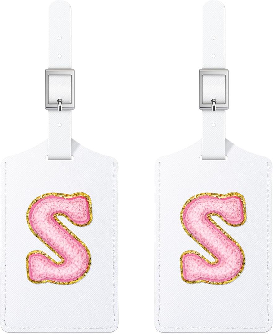 Sodsay 2 PCS Initial Luggage Tag, Luggage Tags for Suitcases Cute Embroidered Letter PU Leather Travel Bag Baggage Tags Privacy Cover ID Label for Women Kids Teens Men(S, White Leather+Pink Letter)