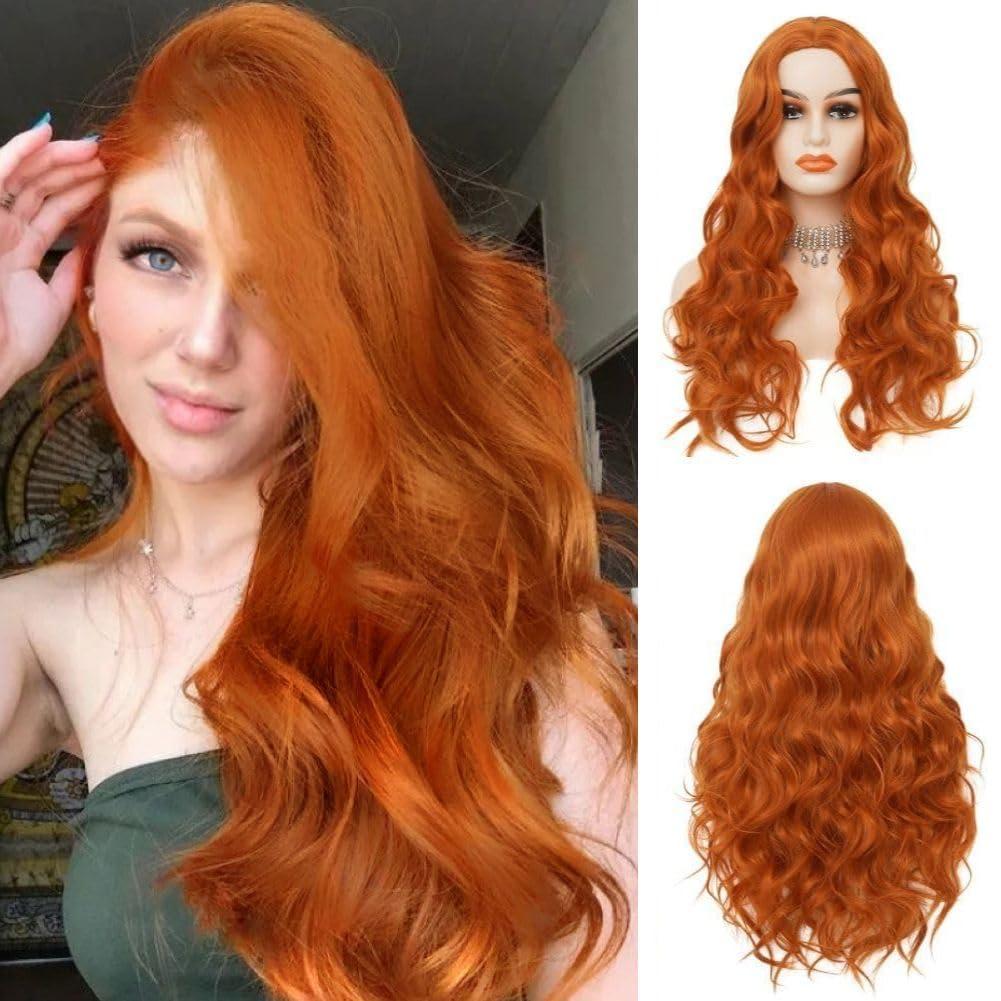 Orange Long Curly Wigs for Women Ginger Wavy Synthetic Natural Middle Part Copper Red Wig for Daily Party Use