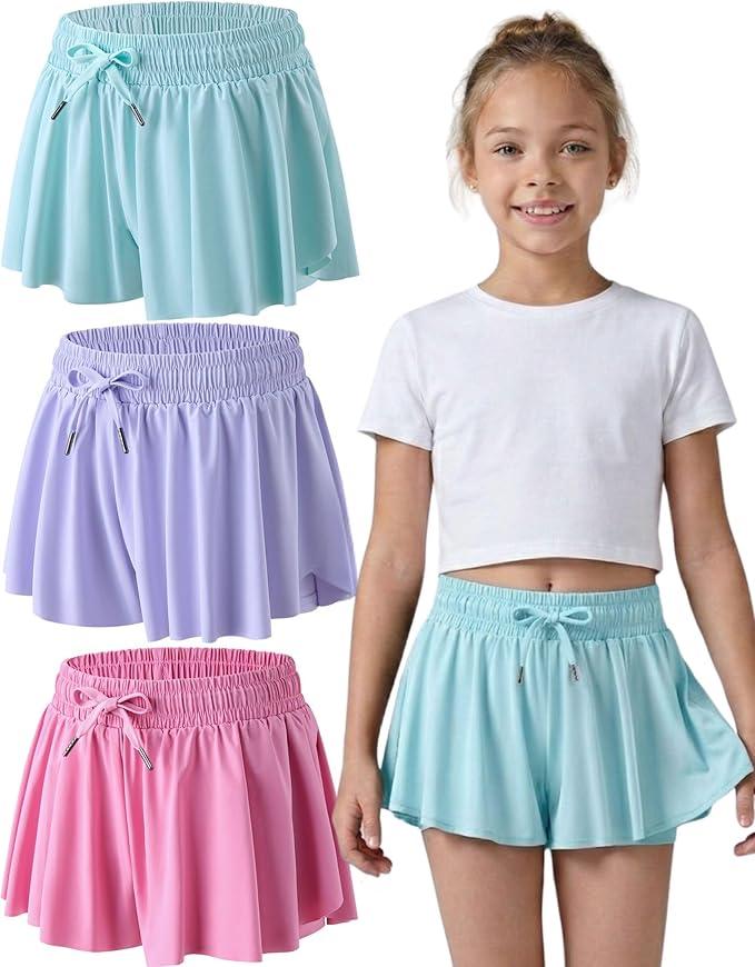 3 Pack Girls Flowy Shorts with Spandex Liner & Pocket, 2-in-1 Athletic Butterfly Shorts for Running Dance XL
