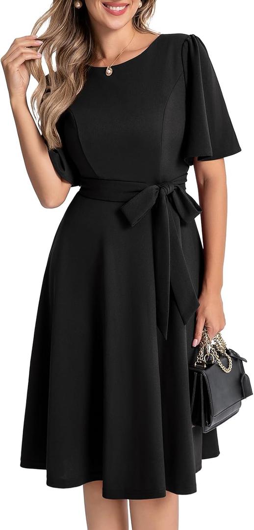 Bbonlinedress Women Midi Vintage Cocktail Party Tea Dress Short Sleeve Formal Wedding Guest Church Modest Dress (Black, L)